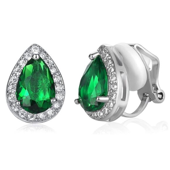 BijouStudios Clip On Earrings Jewelry - Silver with Emerald and Diamond Cubic Zirconia Teardrop Stud Clip On Earrings